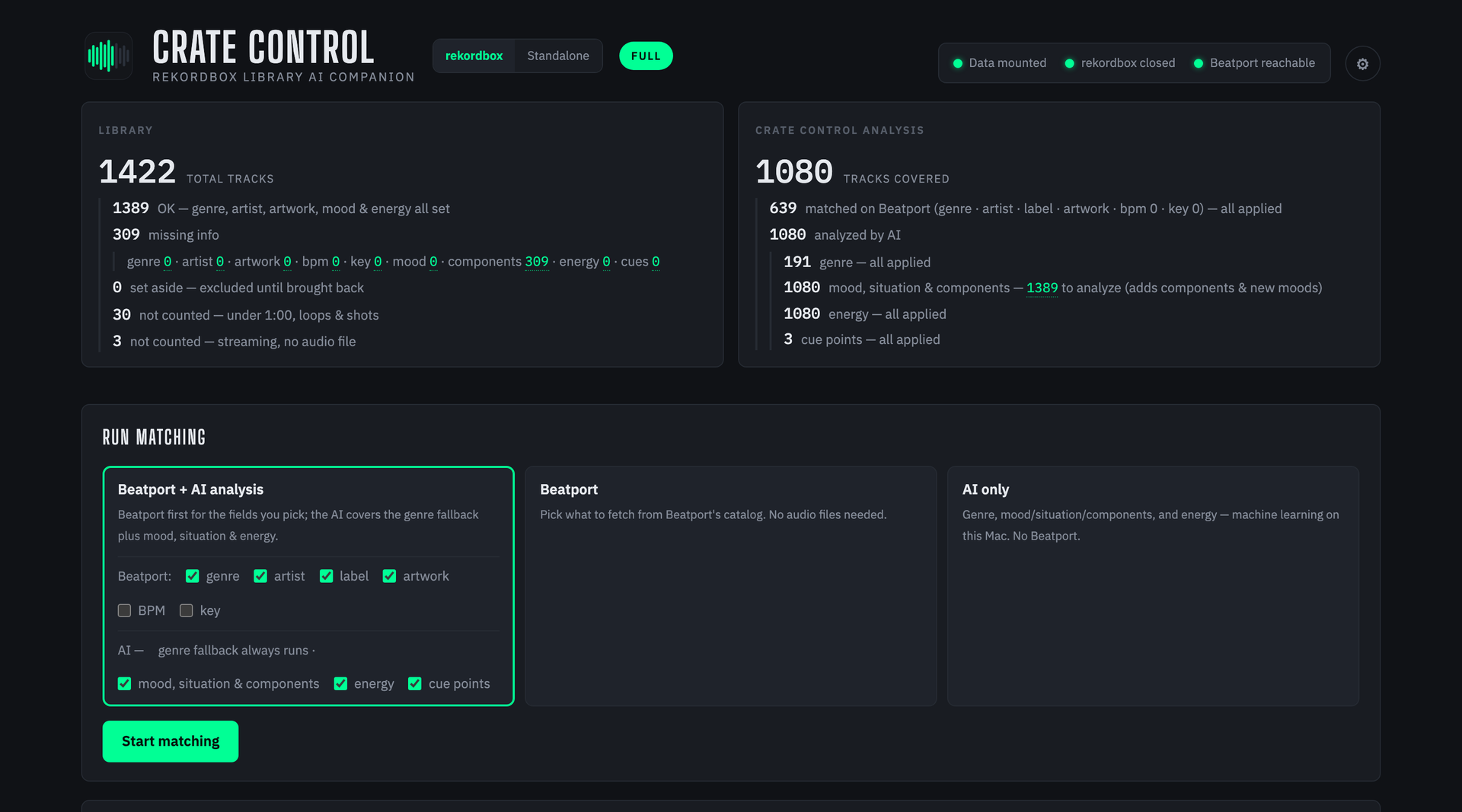 Crate Control showing library completeness numbers and the matching options