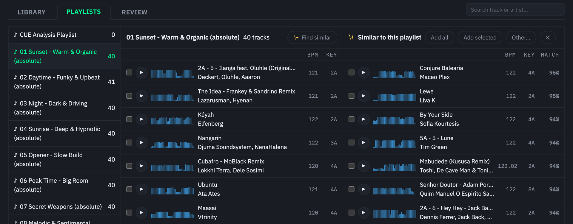 The Playlists view: a playlist's tracks beside ranked similar-track suggestions with match percentages
